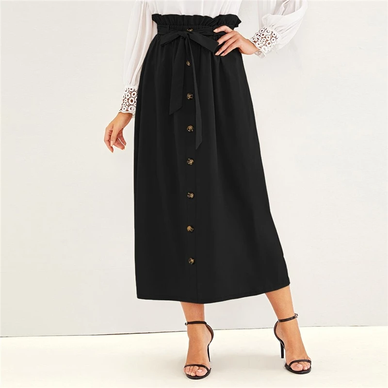 SHEIN Paperbag поясная пуговица спереди повседневная юбка с поясом женские брюки осень высокая талия Твердые Длинные юбки для женщин