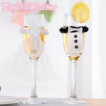 

2 Pcs/1 Pair Cup Decoration Bride and Groom Wedding Engagement Party Table Cup Glass Cover Wedding Party DIY Accessories 40%off