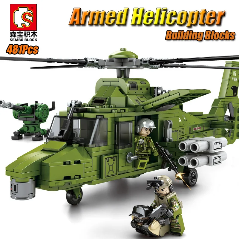 

SEMBO 481Pcs Green Armed Helicopter Model Building Blocks WW2 Military Plane Mini Figures Toys For Children Christmas Gifts