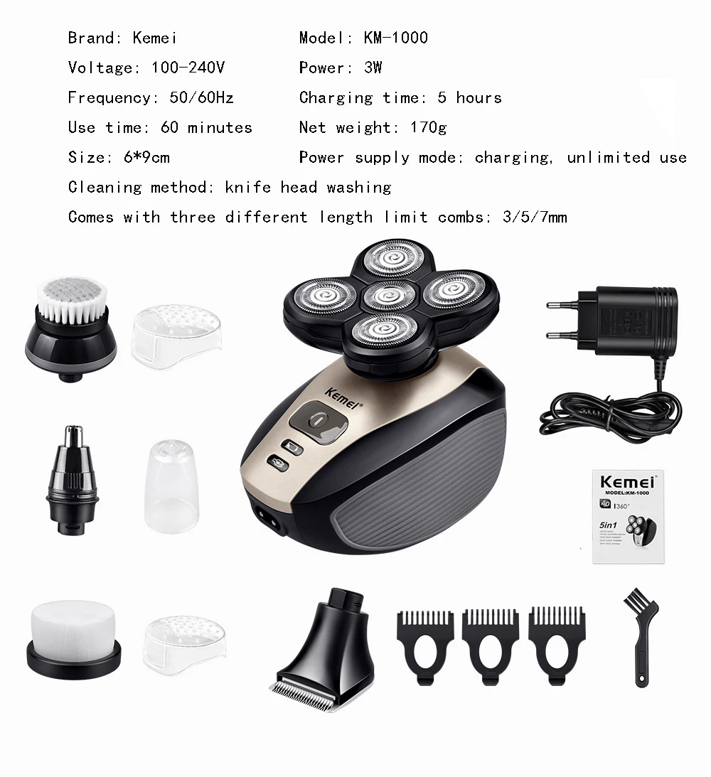 Kemei KM-1000 5-в-1 аккумуляторная электробритва 5 бритва, Нос Уха машинка для стрижки бороды и усов; 5D стрижка, уход за лицом, мужской костюм