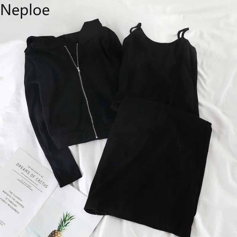 Neploe, простое корейское свободное повседневное пальто с капюшоном+ сексуальные юбки, высокая талия и бедра, прямое платье, два предмета, Женский комплект, осень 46777