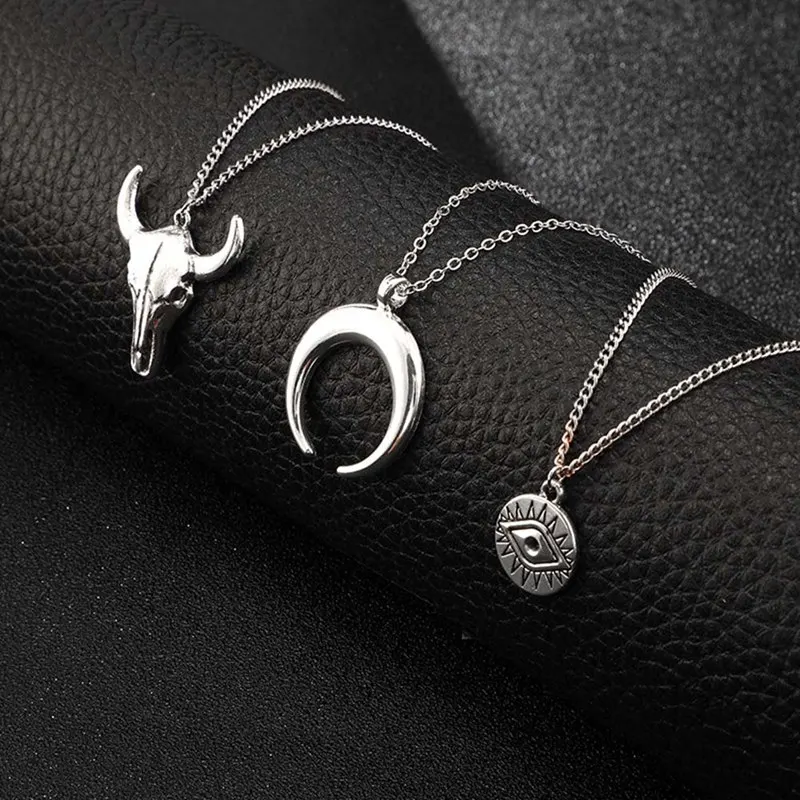 Винтажный темперамент серебряный цвет глаз Луна голова быка ожерелье для женщин геометрический многослойный кулон ожерелье вечерние ювелирные изделия