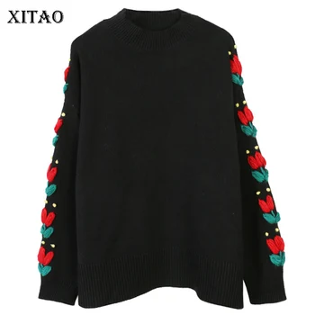 

XITAO Europe Style Women Clothes Delicate Flower Long Sleeves Sweater Fashion Plus Size Black Knitwear Pullover Women DMY2587