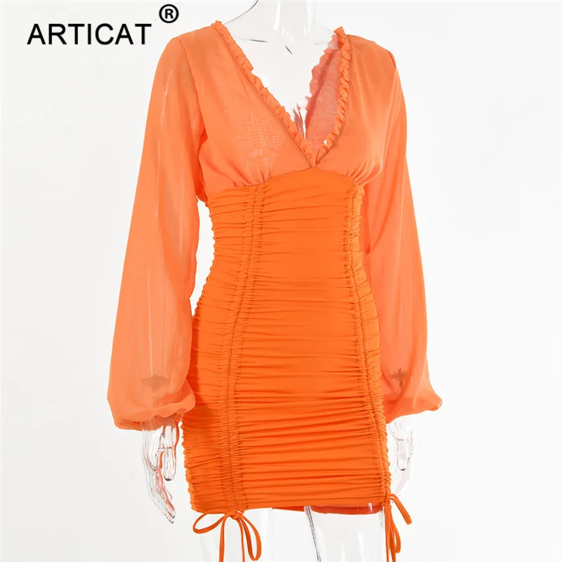 Articat, шифоновое летнее осеннее платье, женское,, сексуальное, длинный рукав, тонкое, эластичное, облегающее, Бандажное платье, короткое, плиссированное, платья для вечеринок