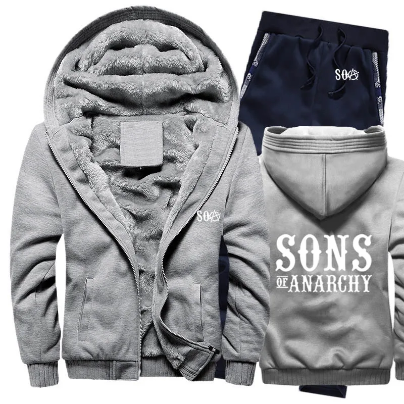 SOA Sons of толстовки анархия мужской костюм Зимние флисовые утепленные пальто на молнии свитшоты, мужские худи куртка+ брюки комплекты из 2 предметов