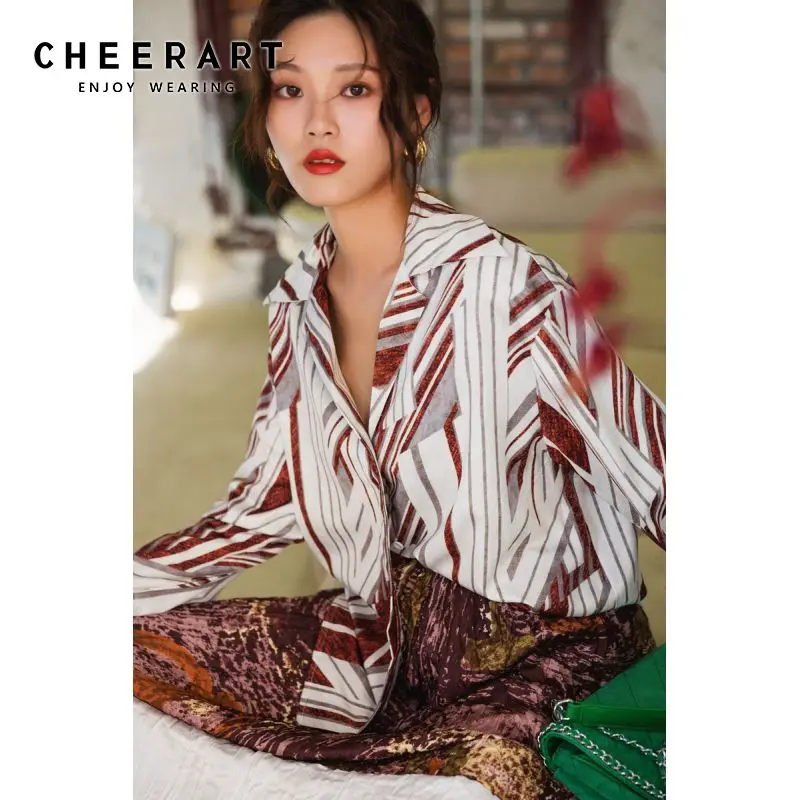 

Cheerart Women Tops 2019 Autumn Long Sleeve Blouse Loose Designer Top Button Up Shirt Fall Vintage Blouse Fashion Clothing