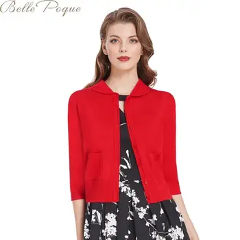 

Belle Poque Women Cardigan Knitted Red Black Cardigans Peter Pand Pocket Casual Knitwear Coat 3/4 Sleeve Vintage Cardigan