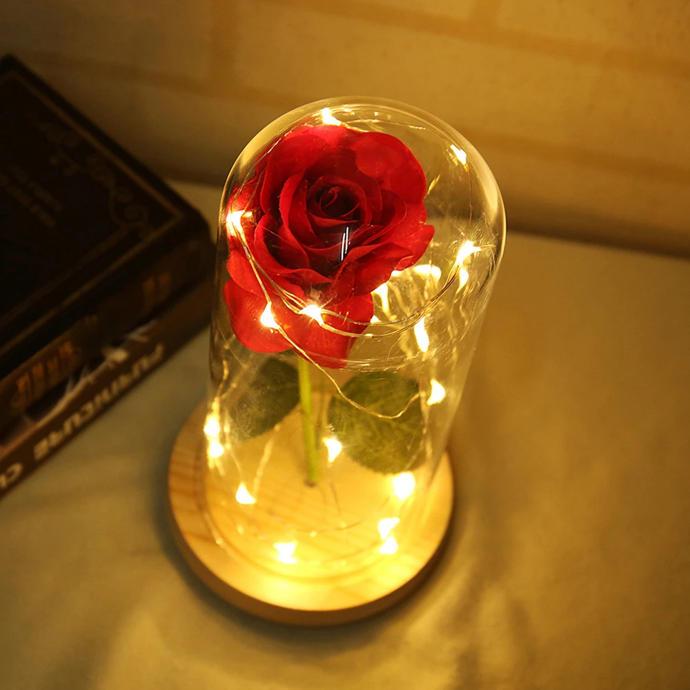 Wooden Base Red Silk Rose in a Glass Dome Home Lamp Decor Valentine's Gift