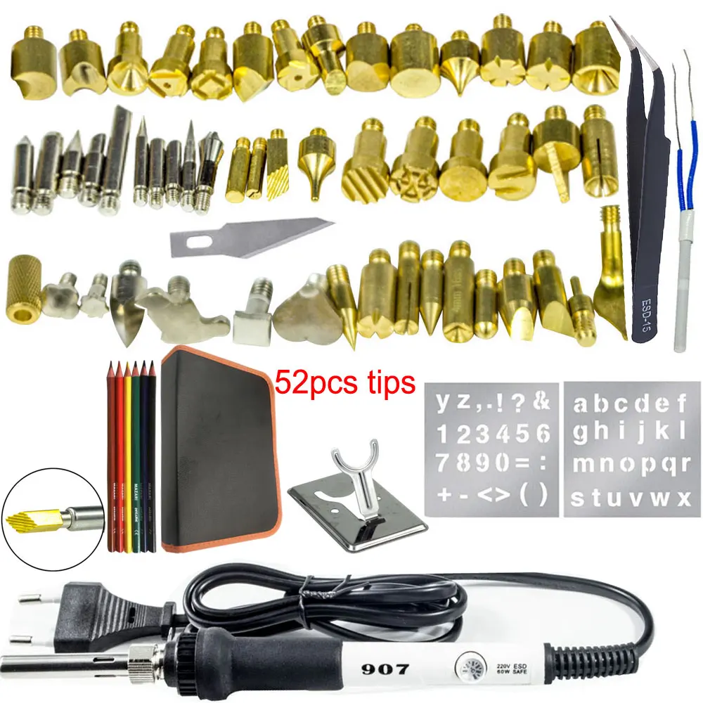 52pcs tips Деревянный Железный набор инструментов для обжига, набор инструментов для сжигания древесины 22 шт. 28 шт. 52 шт. наконечник для пирографа, включая паяльник 220 в 110 В - Цвет: 52pcs tips