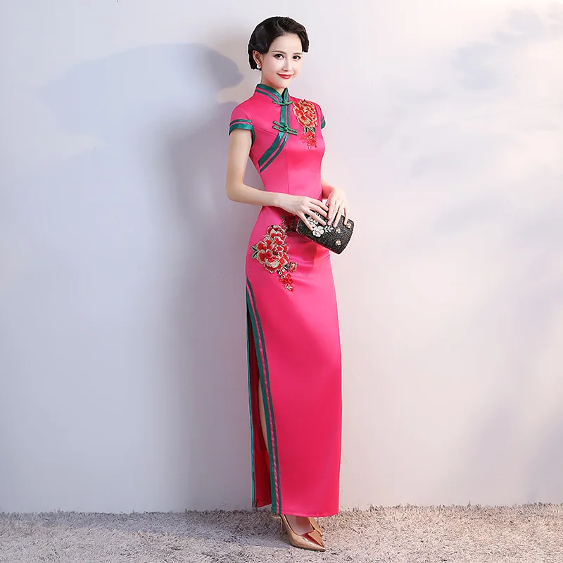 hot pink Негабаритный 4XL Элегантный Искусственный шелк вышивка ручной работы Кнопка Сельма традиционное китайское Ципао женское платье винтажное женское сексуальное платье чонсам - Цвет: hot pink