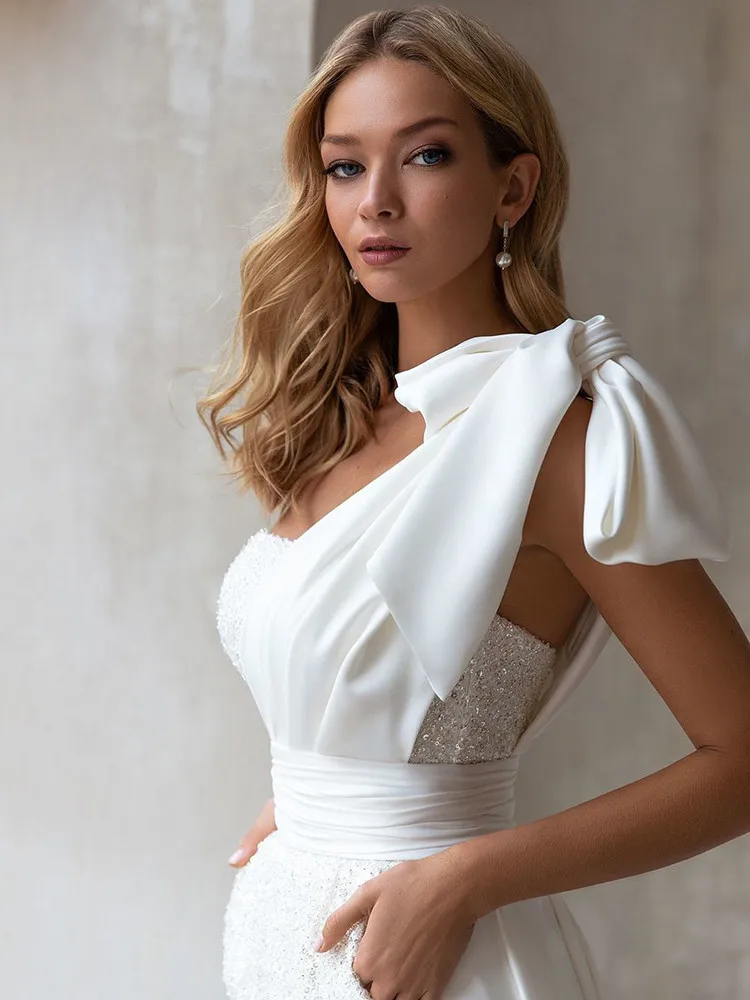 Sexy Short Jumpsuit Wedding Dress Stain Long Sweep Train One Bow Shoulder Waisted Robe Backless De Mariee Elegant Bride Gown dresses for wedding