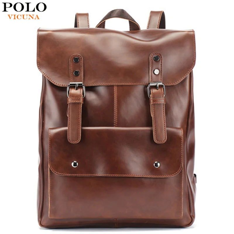 

VICUNA POLO Vintage Leather Men Backpack Double Belt Waxy Oil Leather Travel Laptop Backpack Large Size Waterproof bolsos male