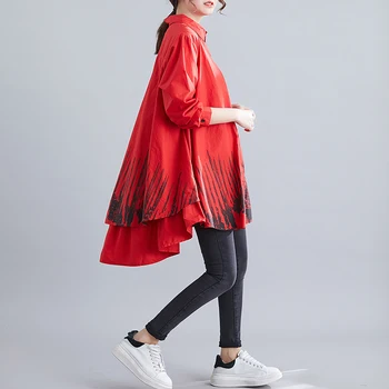 

Plus Size Shirt Women Spring Autumn Literary Vintage Asymmetric High Low Design Print Kawaii Babydoll Ruffle Blouse Long Tops