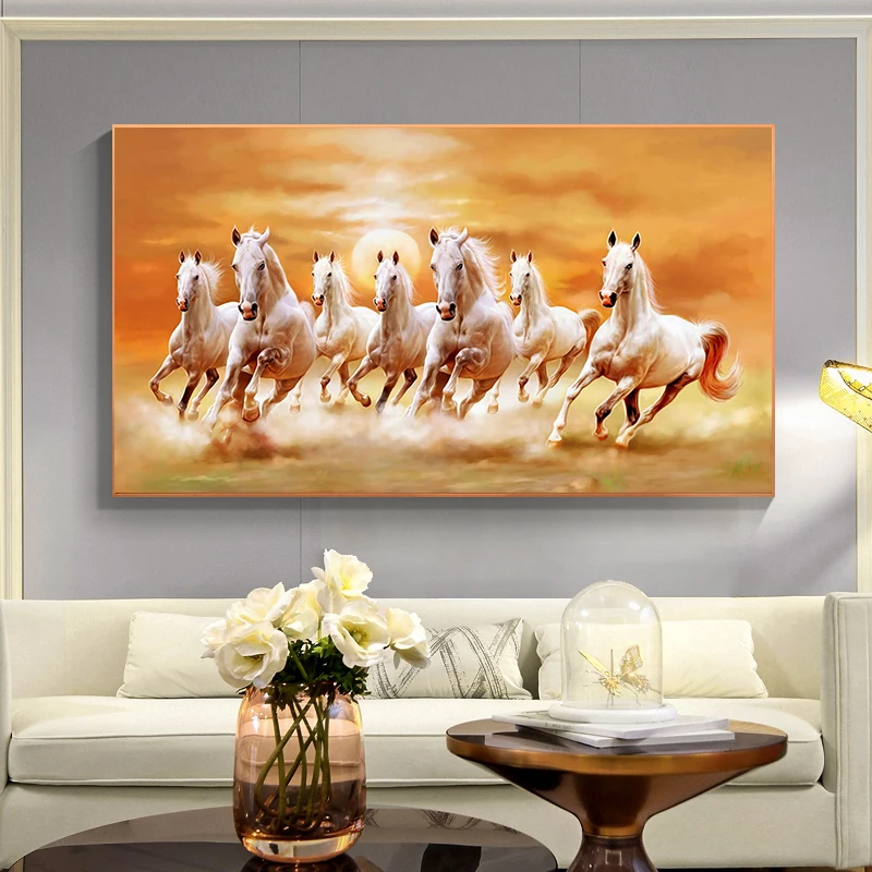Seven Running White Horse Animal Painting Artistic Canvas Gold Posters and Prints Modern Wall Art Pictures For Living Room Decor