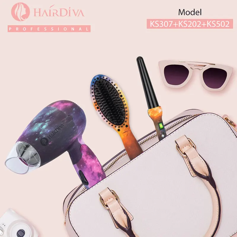 HairDiva Galaxy набор фен для волос Ионная Щетка для выпрямления волос и щипцы для завивки волос Фен Выпрямитель щетка с плойкой