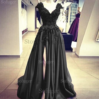 

Black Satin V Neck Evening Dresses Appliques Slit High Saudi Arabic Special Occasion Evening Formal Prom Party Gown Custom Made