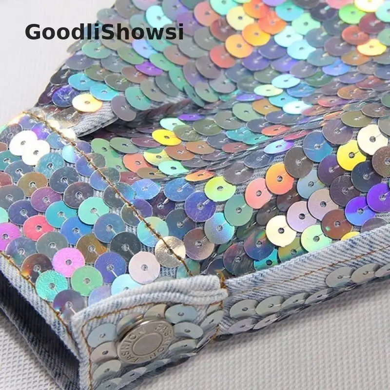 GoodliShowsi, Новое поступление, стильные женские джинсовые куртки, с блестками, с длинным рукавом, с отложным воротником, с карманами, короткая куртка, топы