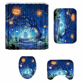 

4pcs Halloween Decor 3D Pumpkin Waterproof Shower Curtain Bath Mat Set Non-Slip Toilet Lid Cover Bathroom Mat Partition Curtain