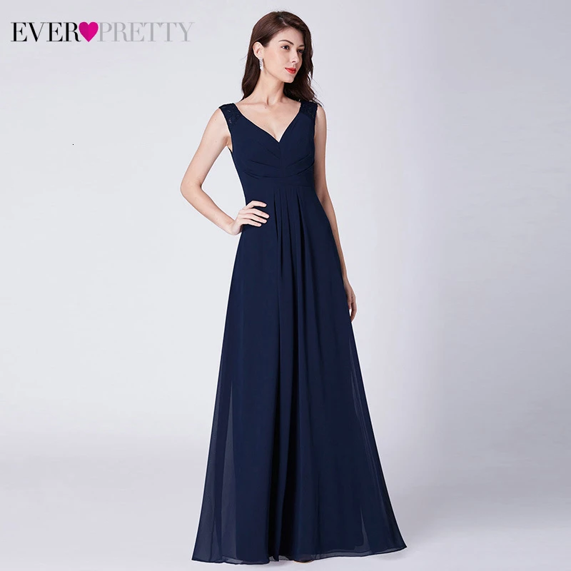 

Simple Chiffon Prom Dresses Ever Pretty A-Line V-Neck Ruched Sleeveless Elegant Navy Blue Evening Party Gowns Gala Jurken 2019