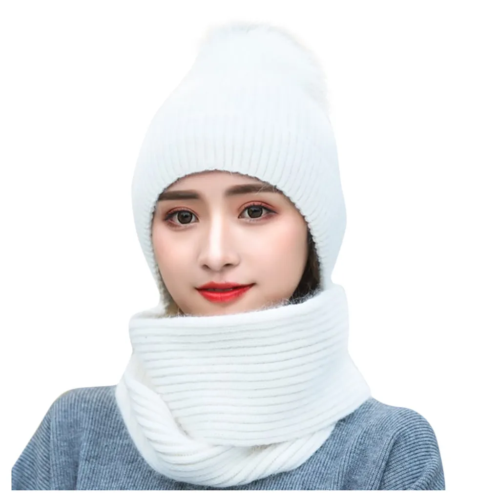 Winter New Women's Hat Fashion Scarf Solid Color Beanie Cap Warm Wrap Shawl Loop Scarves With Hats Casual Cuffed Beanies Bonnet |