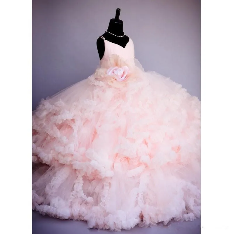 13Pink Flower Pageant Dresses For Girls Kids Ball Gowns Tiered Ruffles Backless First Communion Dresses For Girls To Wedding