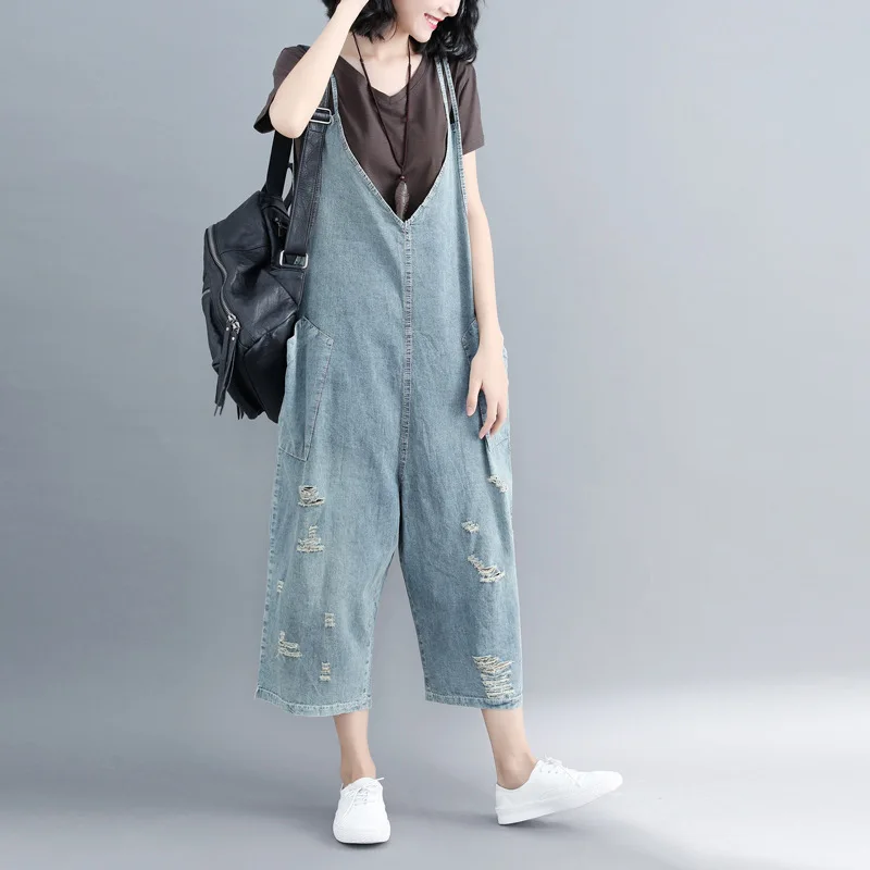 Женские джинсовые комбинезоны с дырками укороченные джинсы бойфренда