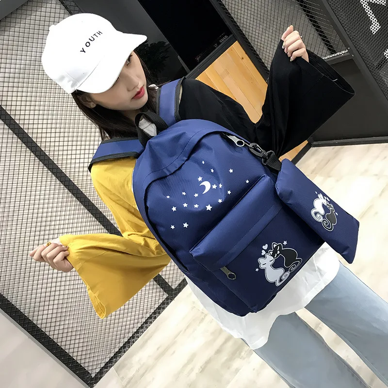 

2019 New Style Backpack Casual Versitile Fashion Canvas Two-Piece Set Different Size Bags Middle School Students School Bag