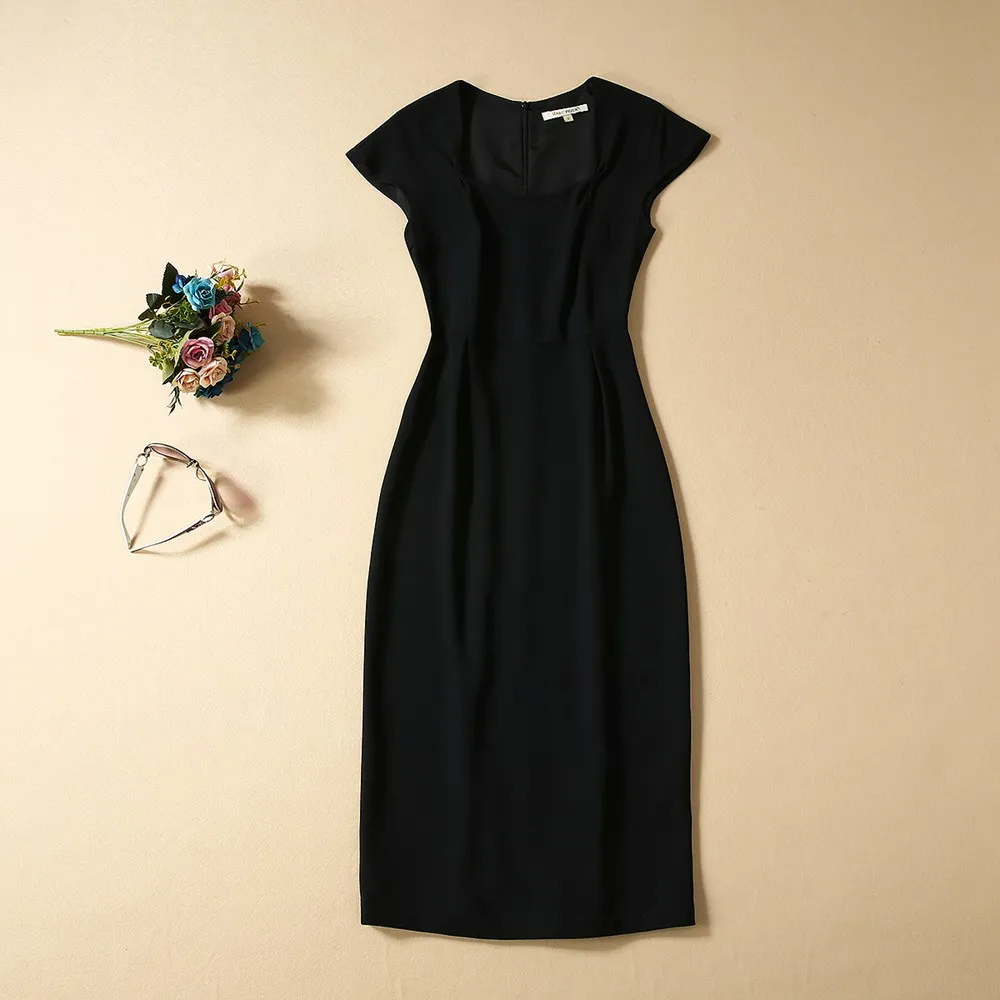 black Princess Megan Dress High Quality Runway Women Square Collar Short Sleeve Back Split Solid Elegant Pencil Dresses NP0742MF - Цвет: black