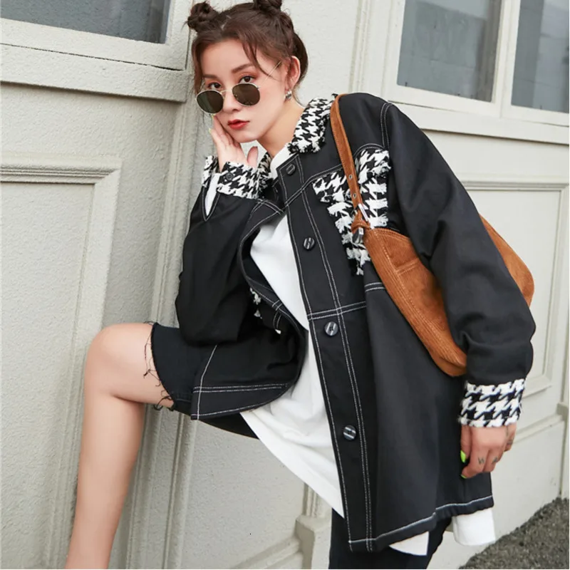 

[LANMREM] 2019 autumn and winter new products Fashion solid color button plaid denim jacket women's clothing PA221