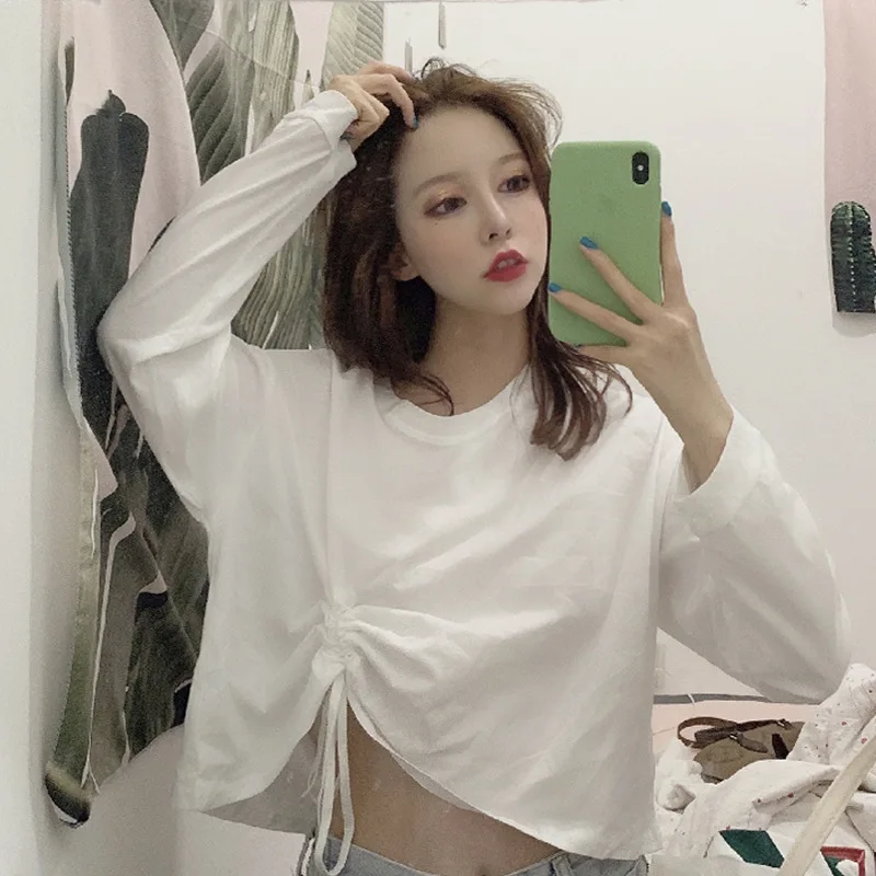 

Women Long Sleeve T-shirts Autumn O-Neck Solid White Ladies Casual Loose Brief Short T Shirt Tops Sexy Top Magliette Donna