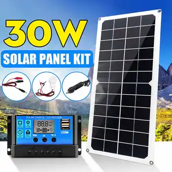 

30W Solar Panel 18V Dual USB with 3W LED Lamp + 10A USB Solar Regulator Charger Controller for Car Outdoor Camping Light