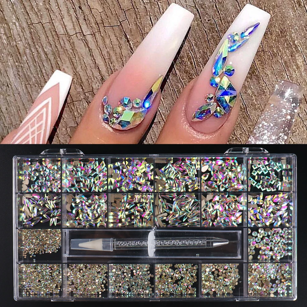 3100PCS Luxury White Pink AB Nail Art Rhinestones Crystals Set Kit Gems 3D  Diamond Decoration Manicure 21 Shape 1PCS Pick Up Pen - AliExpress