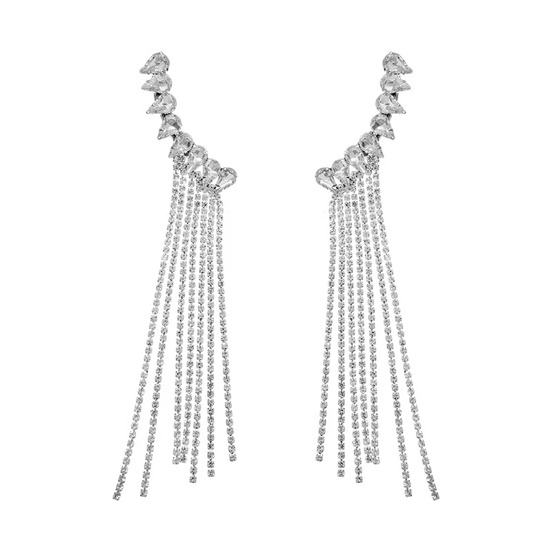 

New Silver Color Rhinestone Crystal Long Tassel Earrings for Women Bridal Drop Dangling Earrings Women Wedding Jewelry