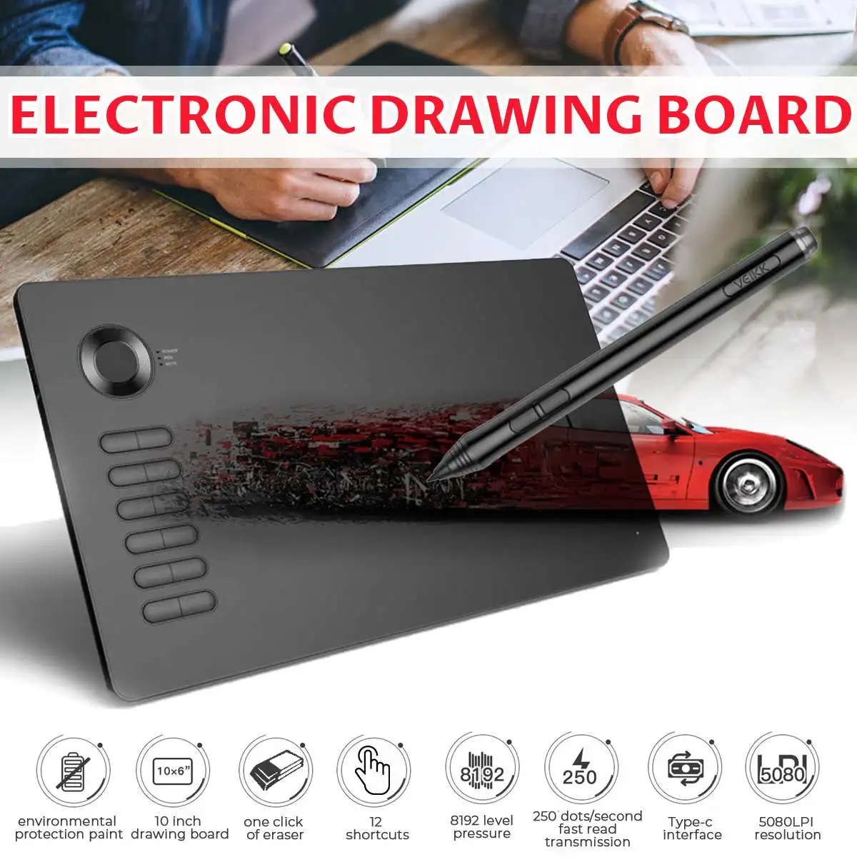 

LEORY Graphic Tablet 8192 Level Digital Drawing Tablet Electronic Art Drawing Board 10x6 inch Active Areawith Battery-Free pen
