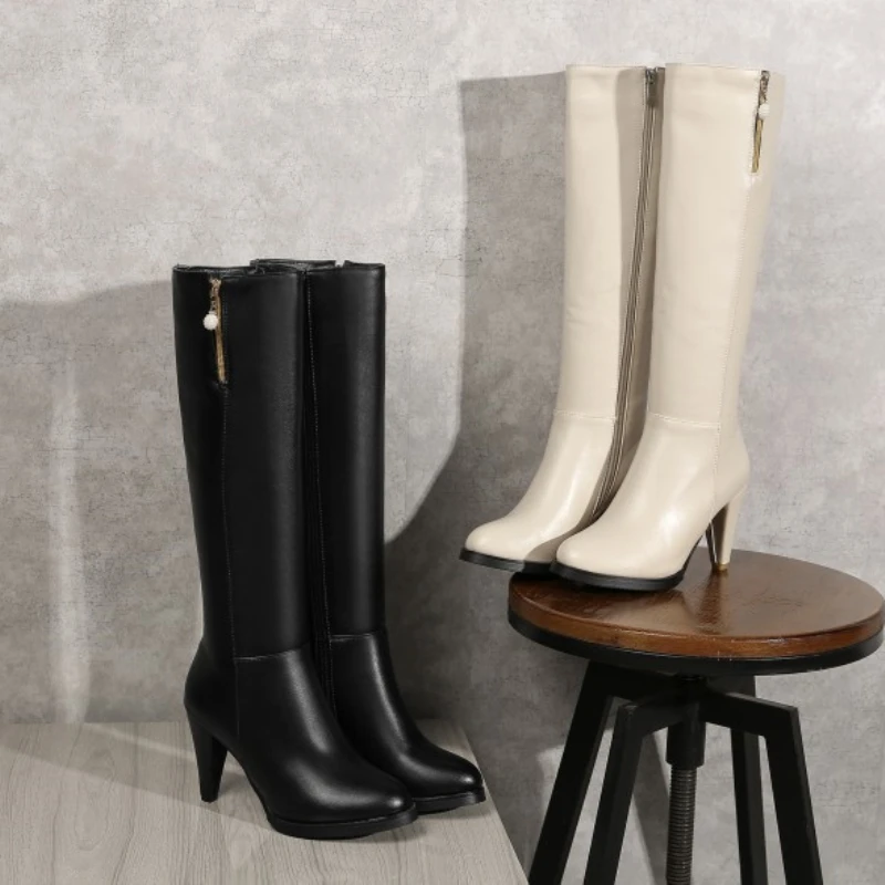 Women Winter Knee High Boots Spike High Heel Long Fur Snow Boot Black Beige Zipper Black Warm Party Shoes Large Size 45 women knee boots