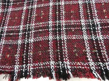 

free ship tweed fabric Wine red grey black and white plaid yarn spinning jacquard 59"