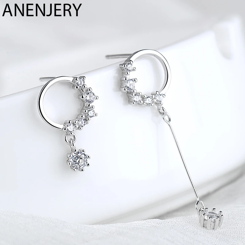 

ANENJERY Prevent Allergy 925 Sterling Silver Zircon Round Asymmetrical Earrings For Women Gift pendientes oorbellen S-E932