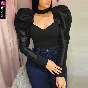 

Women Plus Size Puff Sleeve Solid Chic Spring Fall Long Sleeve Slim Low Cut Sexy Top Shirt