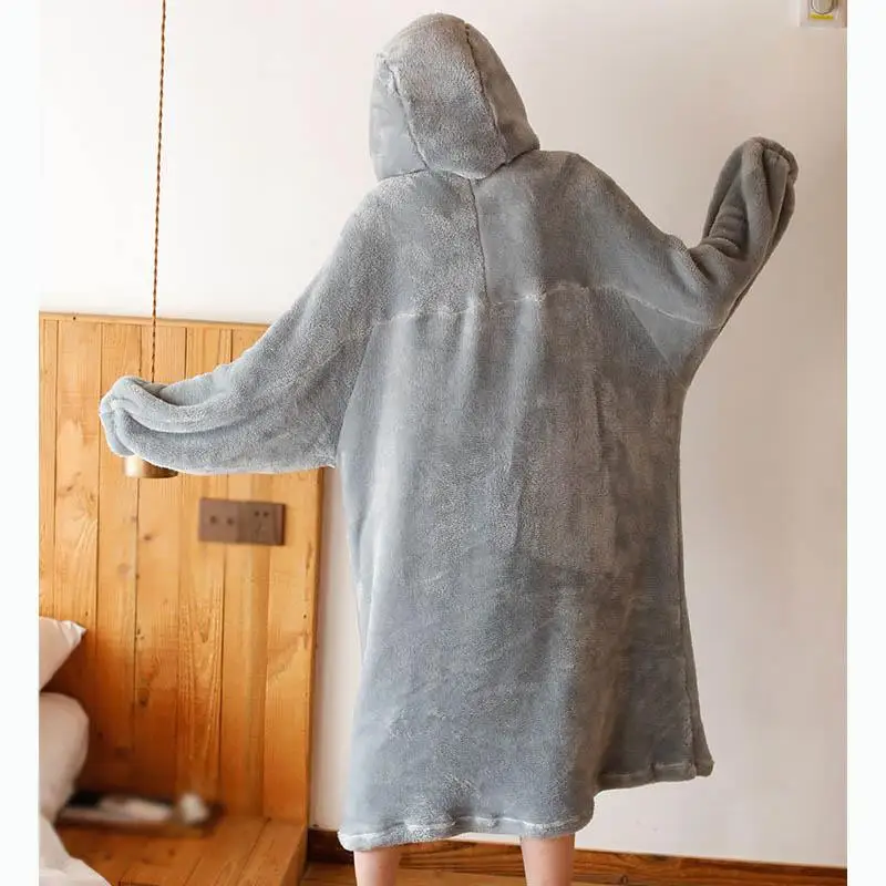 Winter Women Warm Flannel Bathrobe Long Sleeve Thickened Hooded Bath Robe Solid Night Sleepwear Dressing Gown