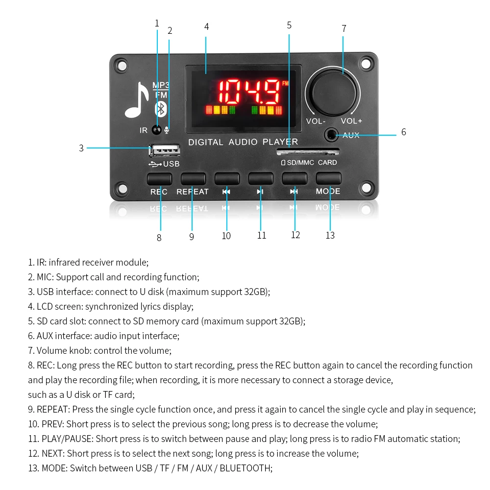 DC25V  50WBluetooth MP3 Decoder Board Power Amplifier 2*40W Supports Call Recording Power  Car Player USB FM AUX Radio Module