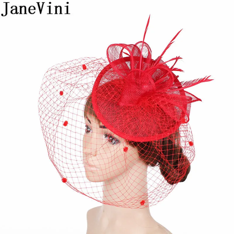 JaneVini, Британские женские свадебные шляпы и вуалетки для женщин, элегантные розовые птичьи перья для невесты, черная Свадебная шляпа с вуалью для лица