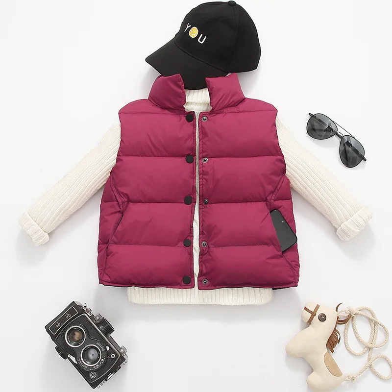 WineRed Vest Детское зимнее пальто повседневная однотонная детская пуховая куртка пальто на утином пуху короткие парки с капюшоном и принтом из фольги для мальчиков и девочек, От 3 до 8 лет - Цвет: WineRed Vest