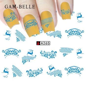 

GAM-BELLE 1Sheets Blue Flower Vine Water Transfer Nail Art Sticker Beautiful Women DIY Tips Nails for Nail Decals