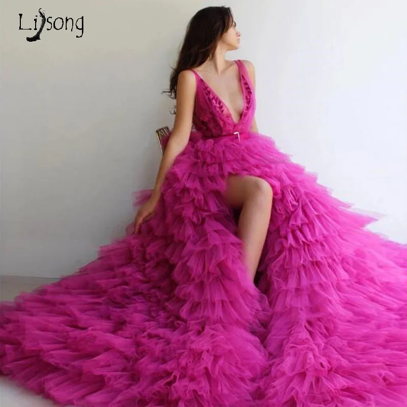 

Elegant Fuchsia Arabic Evening Party Dresses 2019 Sexy V Neck Chic Tiered Tulle Long Special Occasion Dresses Women Gowns Custom