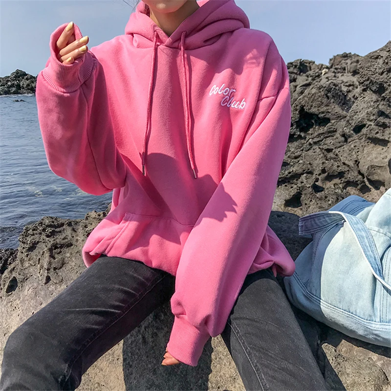 BGTEEVER Casual Letter Embroidery Women Sweatshirt Loose Pocket Female Hoodies Thicken Pullovers Sweatshirt Femme Tracksuit