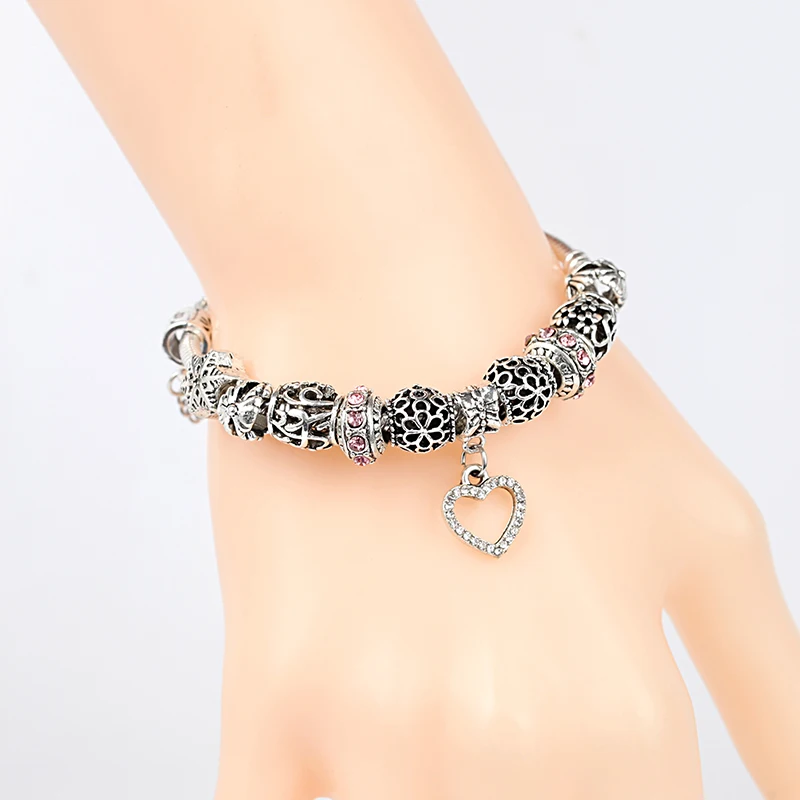 Hot Classic Silver Color Flower Charm Bracelet Romantic Pink Crystal Diy Bead Bracelets& Bangles for Women Girl