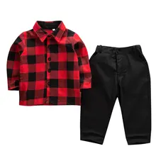 Официальный костюм для маленьких мальчиков из 2 предметов, красная рубашка в клетку, блузка+ леггинсы, комплект с длинными рукавами, осенняя теплая одежда для детей 1-6 лет