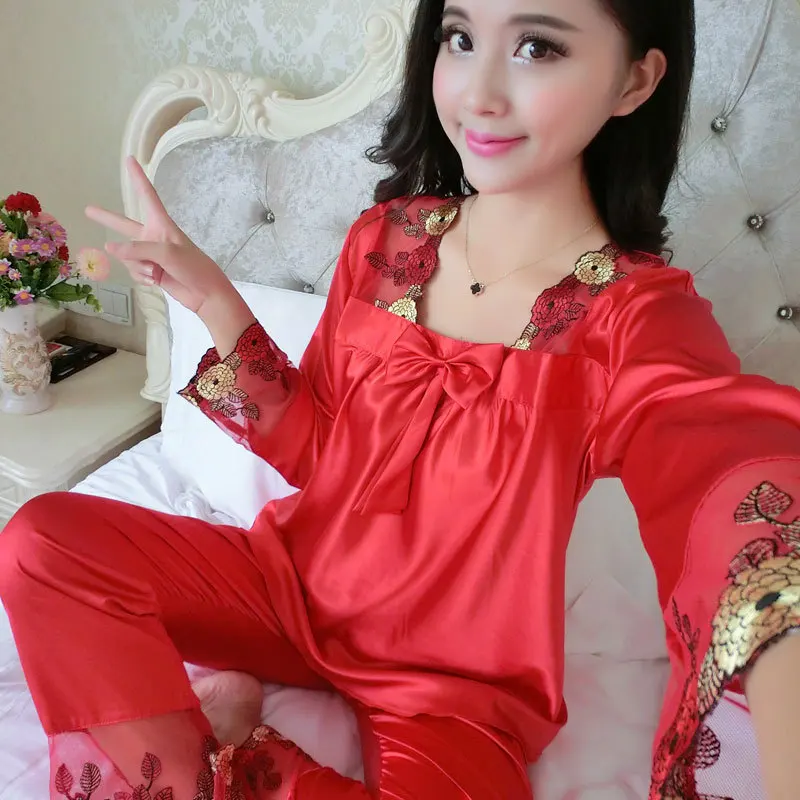 

2019 Nobility Real Silk Pajamas Women's Real Silk Pajamas Long-sleeve Suit Lace Large Size Spring And Autumn Viscose Women's Hom