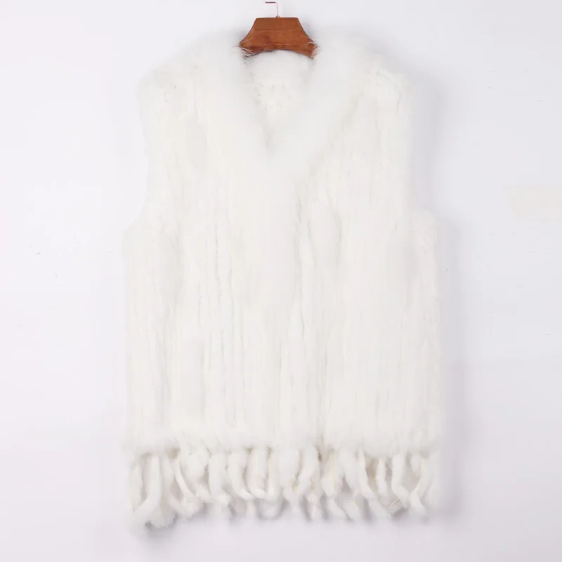 1 Pure White ETHEL ANDERSON,, настоящий фермерский вязаный жилет из кроличьего меха, жилет с воротником из натурального меха енота, с кисточками, стильный подарок для леди - Цвет: 1 Pure White