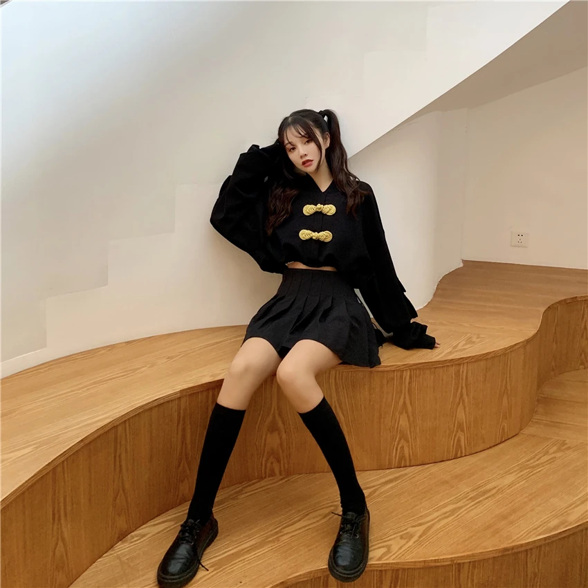 Harajuku женские толстовки осень Новинка Harajuku ветровка диск Пряжка Стенд воротник короткие свободные женские толстовки с капюшоном